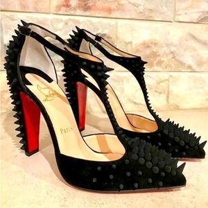 Christian Louboutin Black Suede Spiked T-Strap Heels with Red Soles